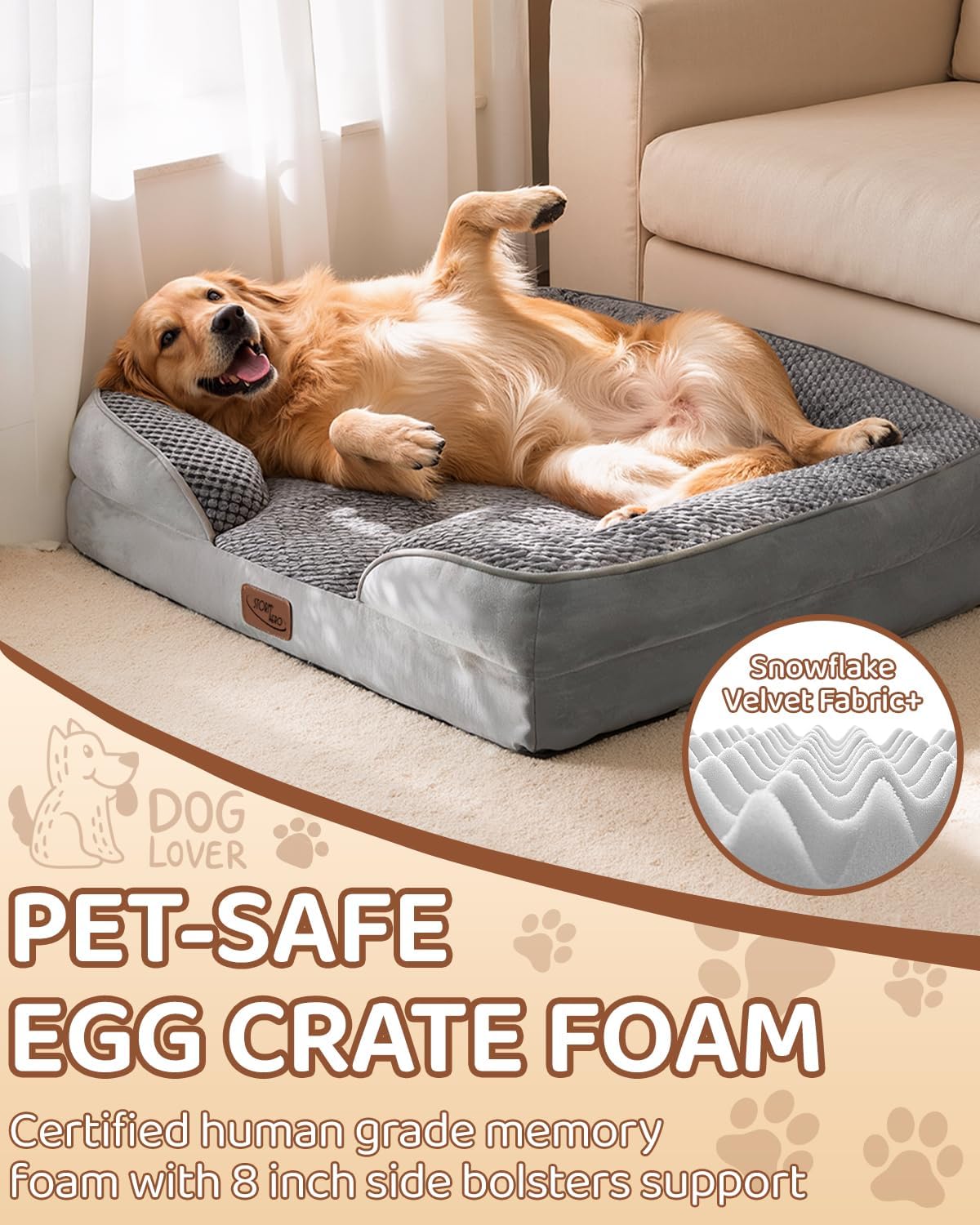 Dog lying on a pet-safe egg crate foam bed with 'Dog Lover' branding at Pet Servo