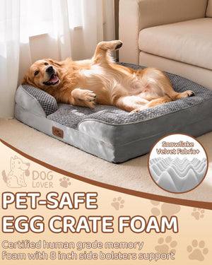 Dog lying on a pet-safe egg crate foam bed with 'Dog Lover' branding at Pet Servo