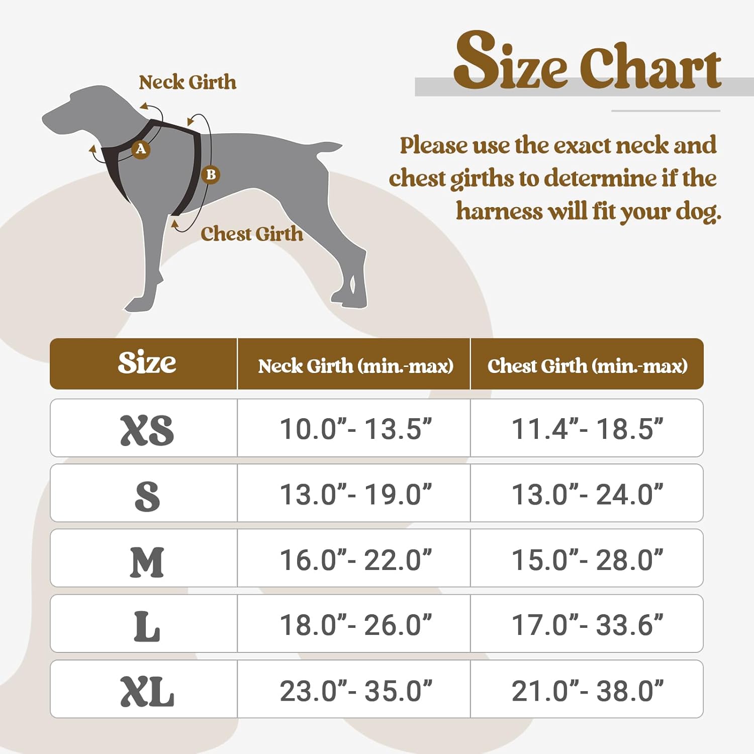 Dog harness size chart with measurements for neck and chest girths at Pet Servo