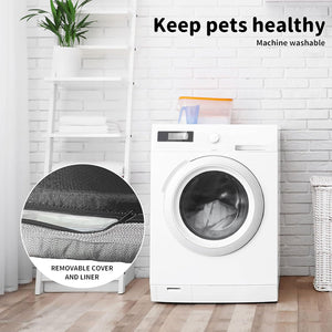 White washing machine with a focus on a removable cover and liner feature, set against a white brick wall at Pet Servo
