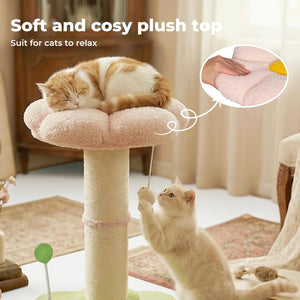 A fluffy cat tree in a home setting with two cats, one sleeping on the plush cushion top and another reaching down from a dangling toy. A circular inset shows a hand stretching the soft pink cushion at Pet Servo