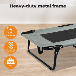 Foldable bed with heavy-duty metal frame on a wooden floor, featuring rust-proof, strong and durable, and weight capacity information at Pet Servo