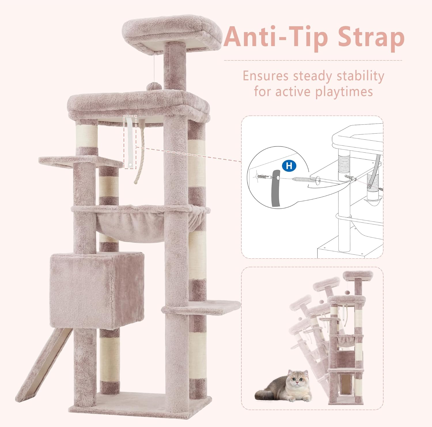 Cat tree with anti-tip strap feature on a white background at Pet Servo