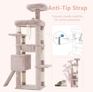 Cat tree with anti-tip strap feature on a white background at Pet Servo