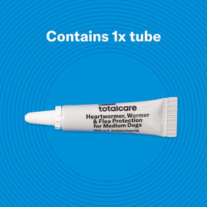 Totalcare heartworm and flea protection tube on a blue background at Pet Servo