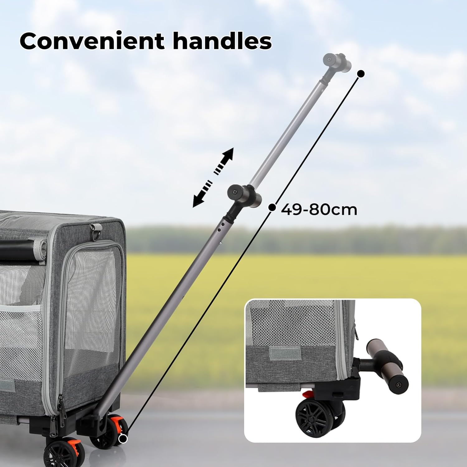 A gray mesh pet playpen with an attached telescoping handle and wheels, shown outdoors with text reading 'Convenient handles' and dimension markings '49-80cm'. An inset close-up shows the handle attachment area at Pet Servo