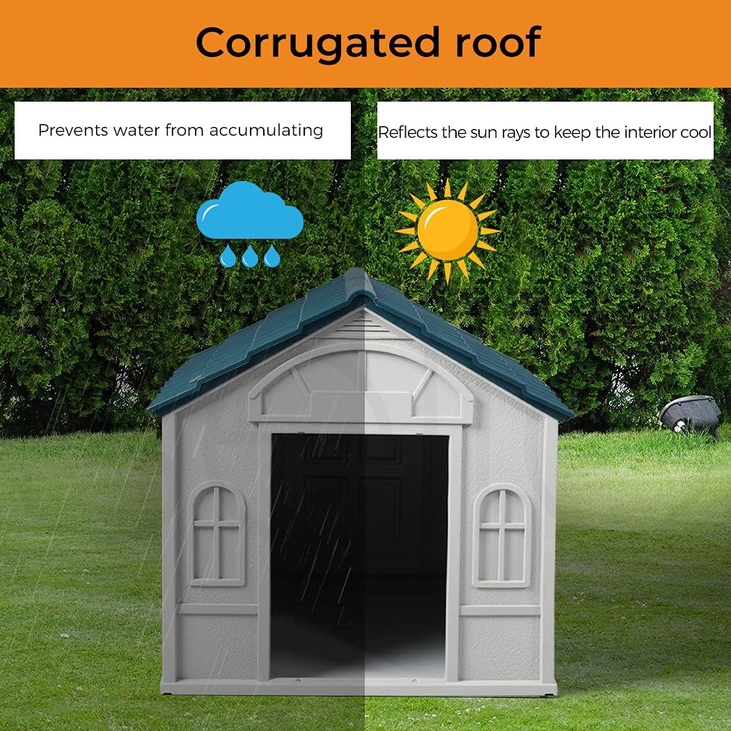 A gray plastic garden shed with a dark teal corrugated roof, shown on a green lawn with a hedge background. The image includes feature callouts: a blue rain cloud labeled 'Prevents water from accumulating' and a yellow sun labeled 'Reflects the sun rays to keep the interior cool' at Pet Servo