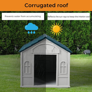 A gray plastic garden shed with a dark teal corrugated roof, shown on a green lawn with a hedge background. The image includes feature callouts: a blue rain cloud labeled 'Prevents water from accumulating' and a yellow sun labeled 'Reflects the sun rays to keep the interior cool' at Pet Servo