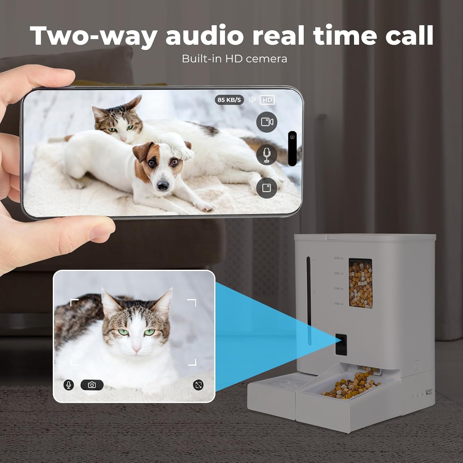 Smart pet feeder with two-way audio and HD camera functionality, showing pets and a cat on the screen at Pet Servo