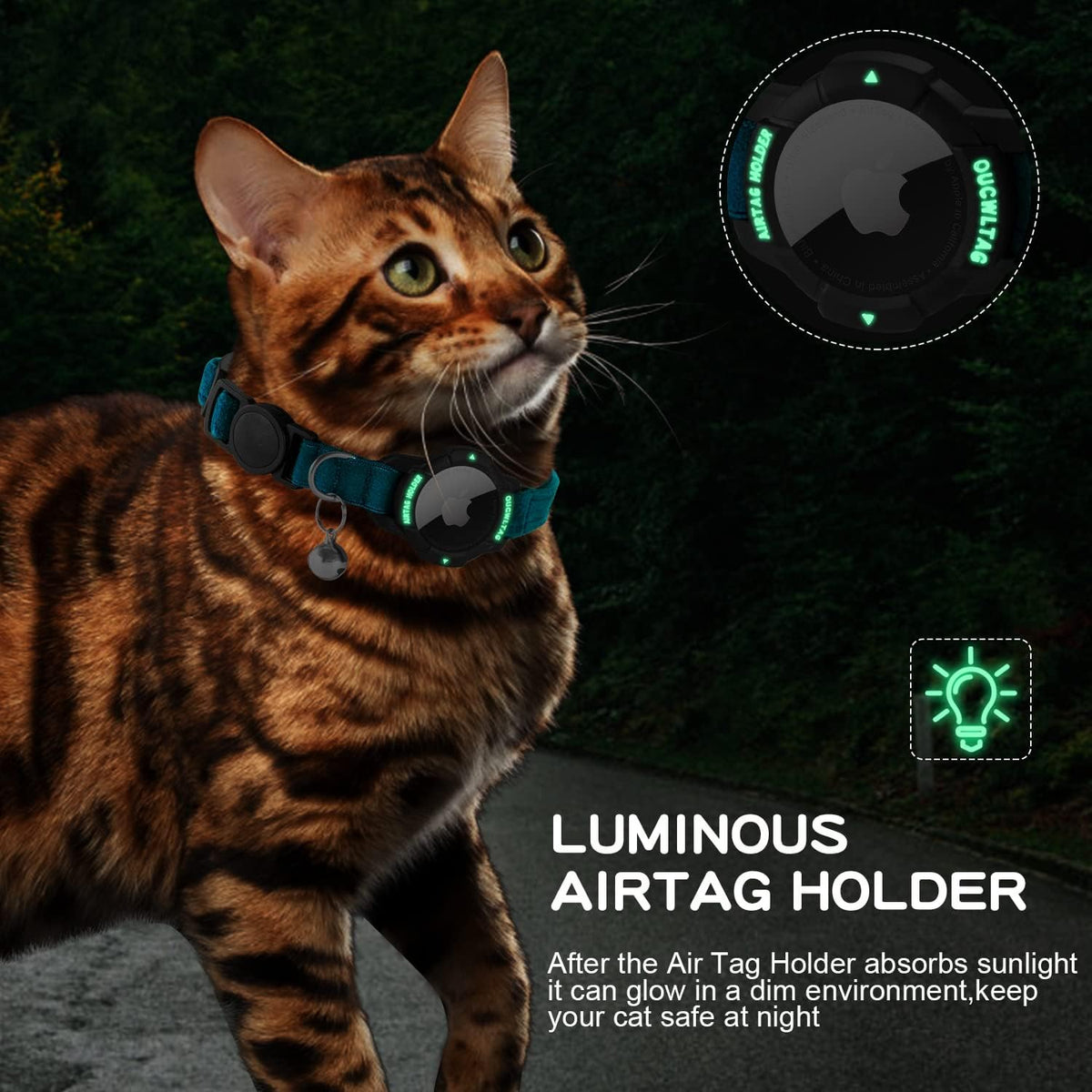 Cat wearing a luminous air tag holder with text about its functionality at Pet Servo