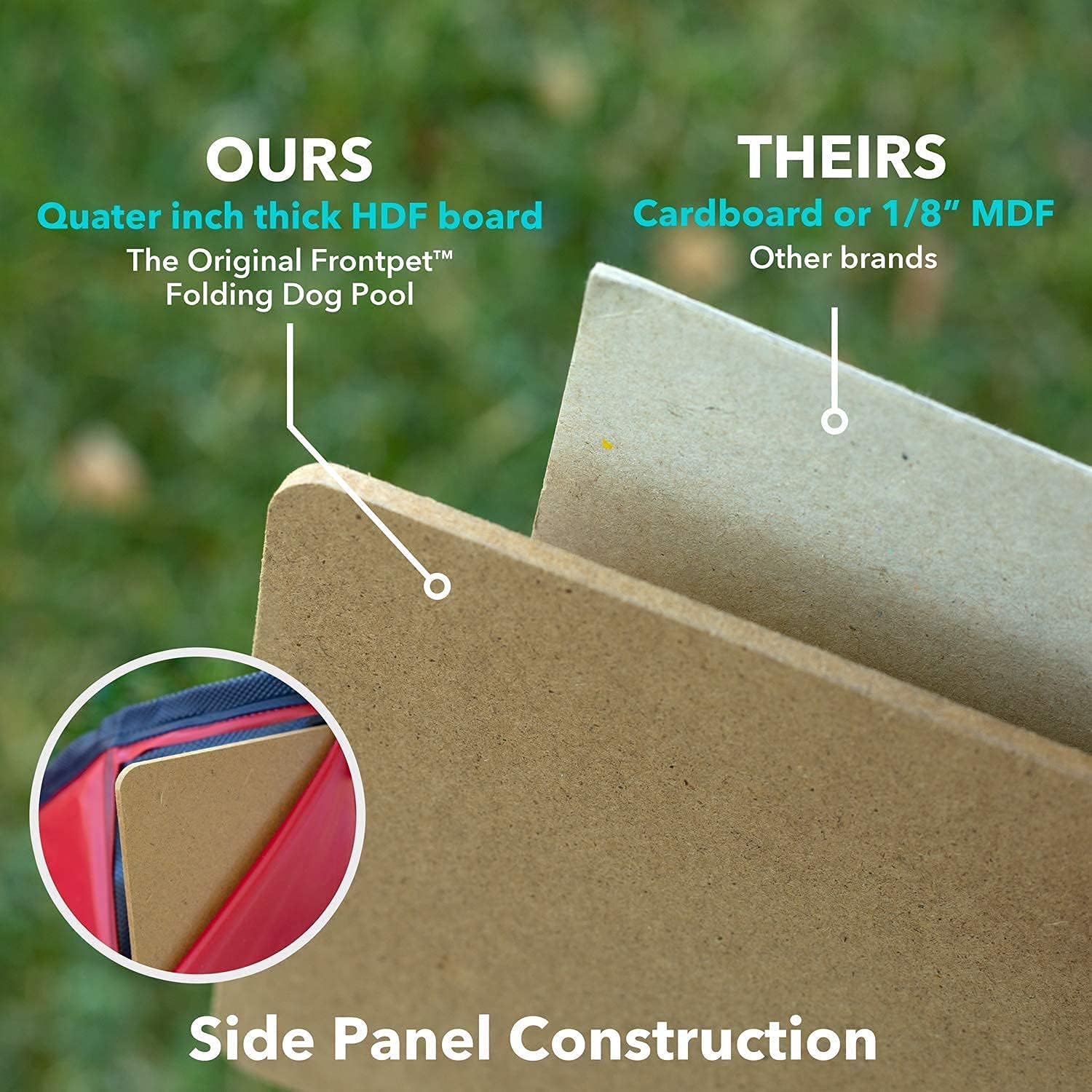 Comparison of side panel construction between The Original Frontpet Folding Dog Pool and other brands using HDF board vs cardboard or MDF at Pet Servo