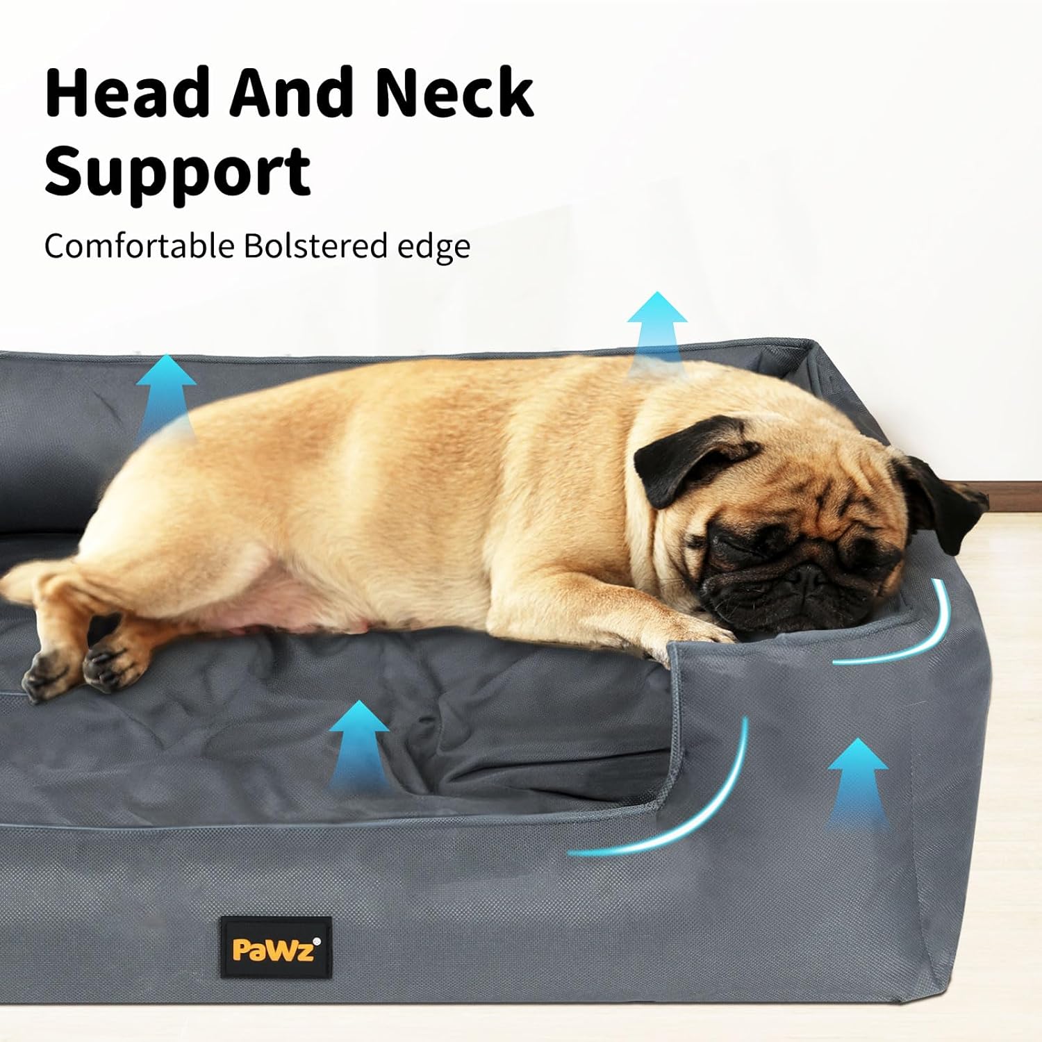 Dog lying on a gray pet bed with 'PaWz' branding, highlighting head and neck support at Pet Servo