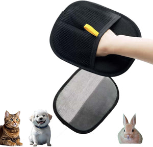 Black pet grooming mitt held by a hand with small images of a cat, dog, and rabbit at the bottom at Pet Servo