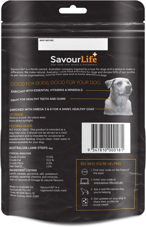 SavourLife+ dog food packaging with text and a barcode on a black background at Pet Servo