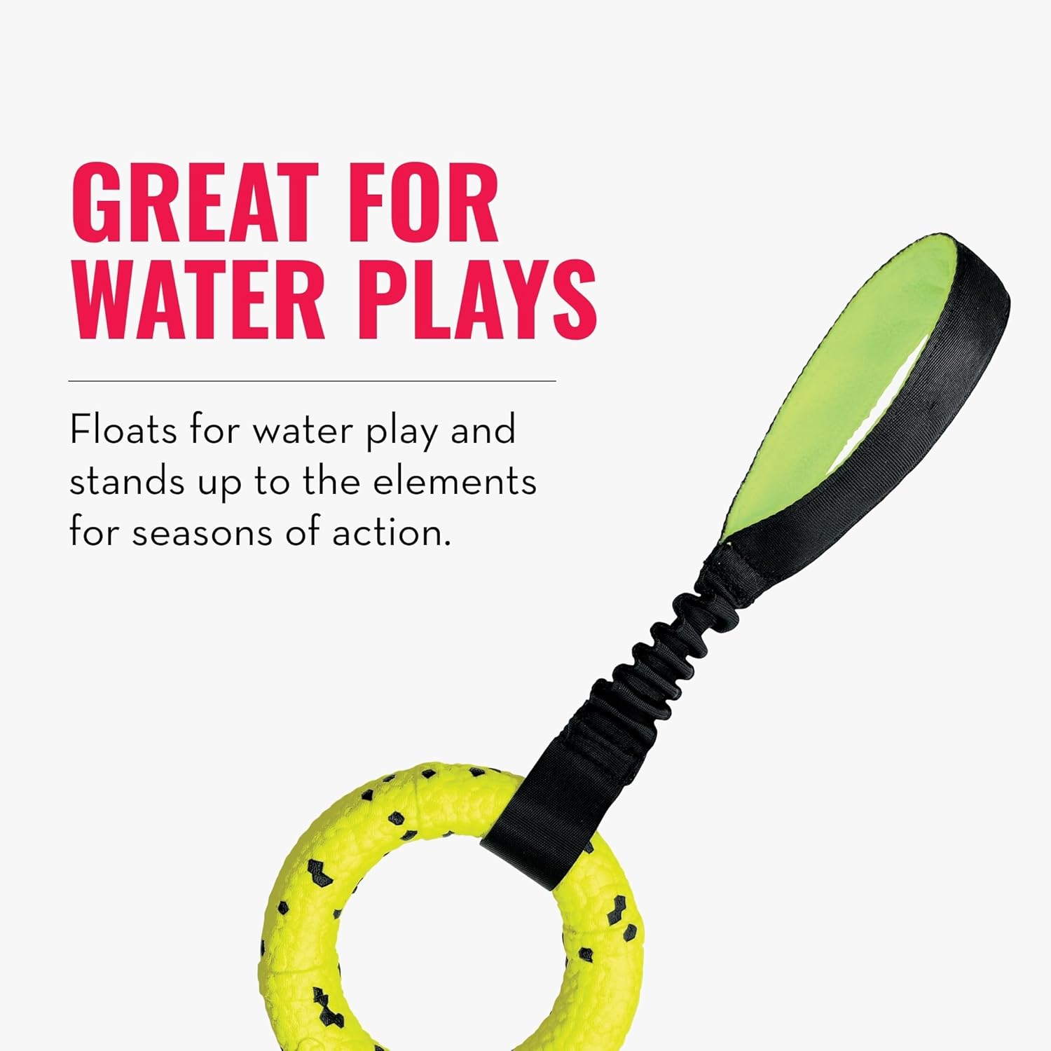 Toy with green handle and yellow ring, text 'Great for water plays' on a white background at Pet Servo