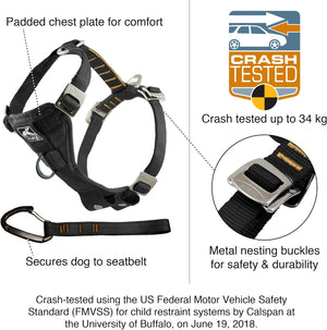 Dog seatbelt harness with safety features and crash-tested certification on a white background at Pet Servo