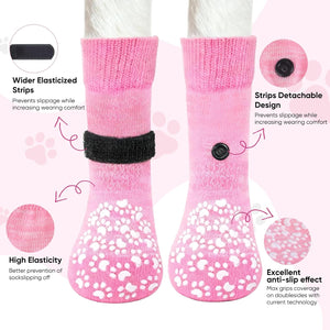 Pink pet socks with features highlighted on a white background at Pet Servo