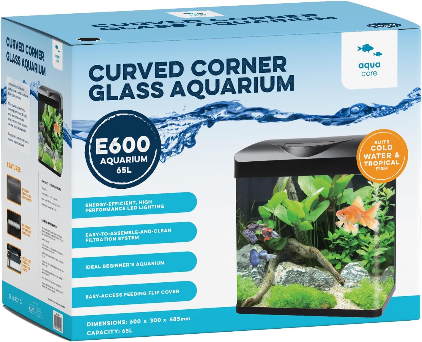 Box for a curved corner glass aquarium with images of an aquarium and text on a blue and white background at Pet Servo