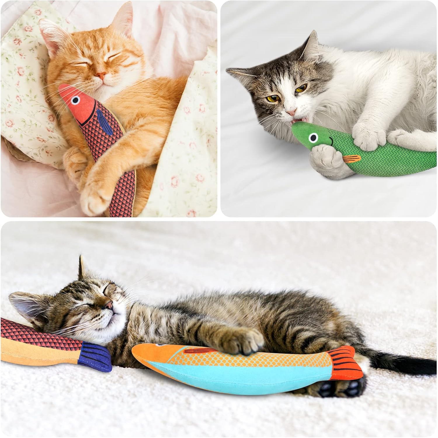 Three cats interacting with colorful fish-shaped catnip toys on a soft surface at Pet Servo