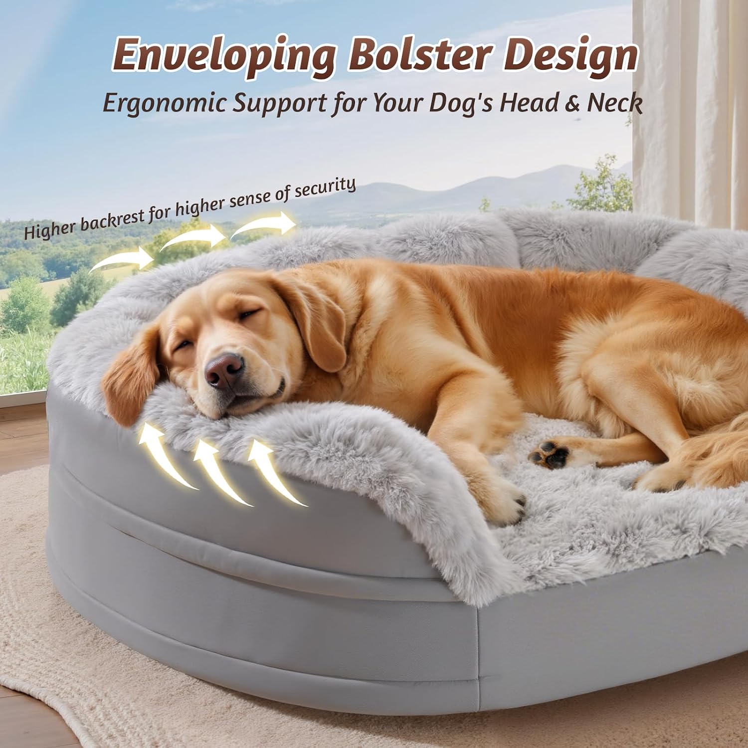 A golden retriever dog sleeping comfortably in a round, light gray inflatable bolster pet bed with a fluffy gray sherpa lining. The image features promotional text at the top and graphic arrows indicating ergonomic support.