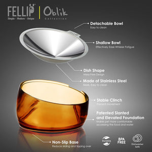 Felli Oblik pet bowl with features highlighted on a gray background at Pet Servo