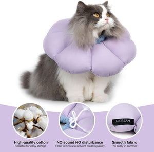 Cat wearing a purple donut-shaped pet cone collar with product features highlighted at Pet Servo
