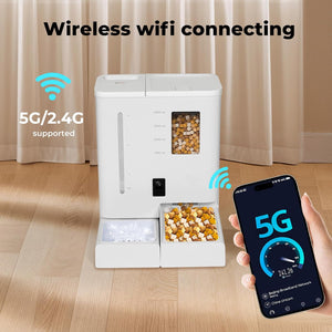 A white automatic pet food dispenser stands on a wood floor in front of beige curtains, with text reading 'Wireless wifi connecting' and '5G/2.4G supported at Pet Servo
