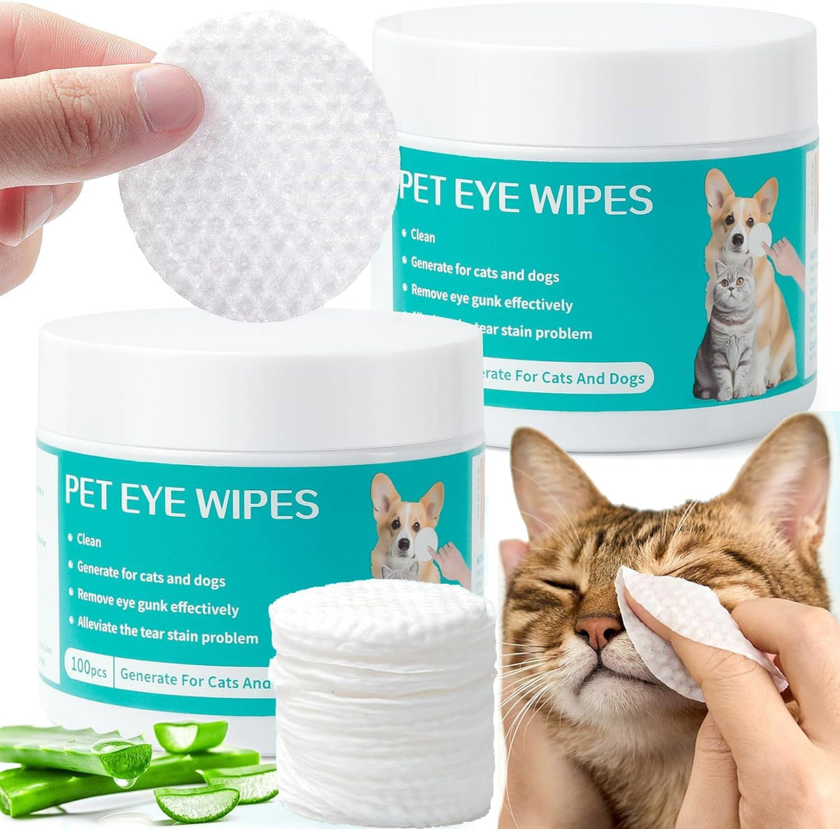 Pet eye wipes shown in a clean composite listing image: white round wipes are held up by a hand, stacked wipes are visible, and a cat is being treated with a wipe. Two white jars labeled 'PET EYE WIPES' appear, along with aloe leaves and a teal label design featuring a dog and cat photo at Pet Servo