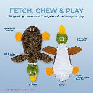 Two dog toys labeled 'Front' and 'Back' with features highlighted on a blue background at Pet Servo