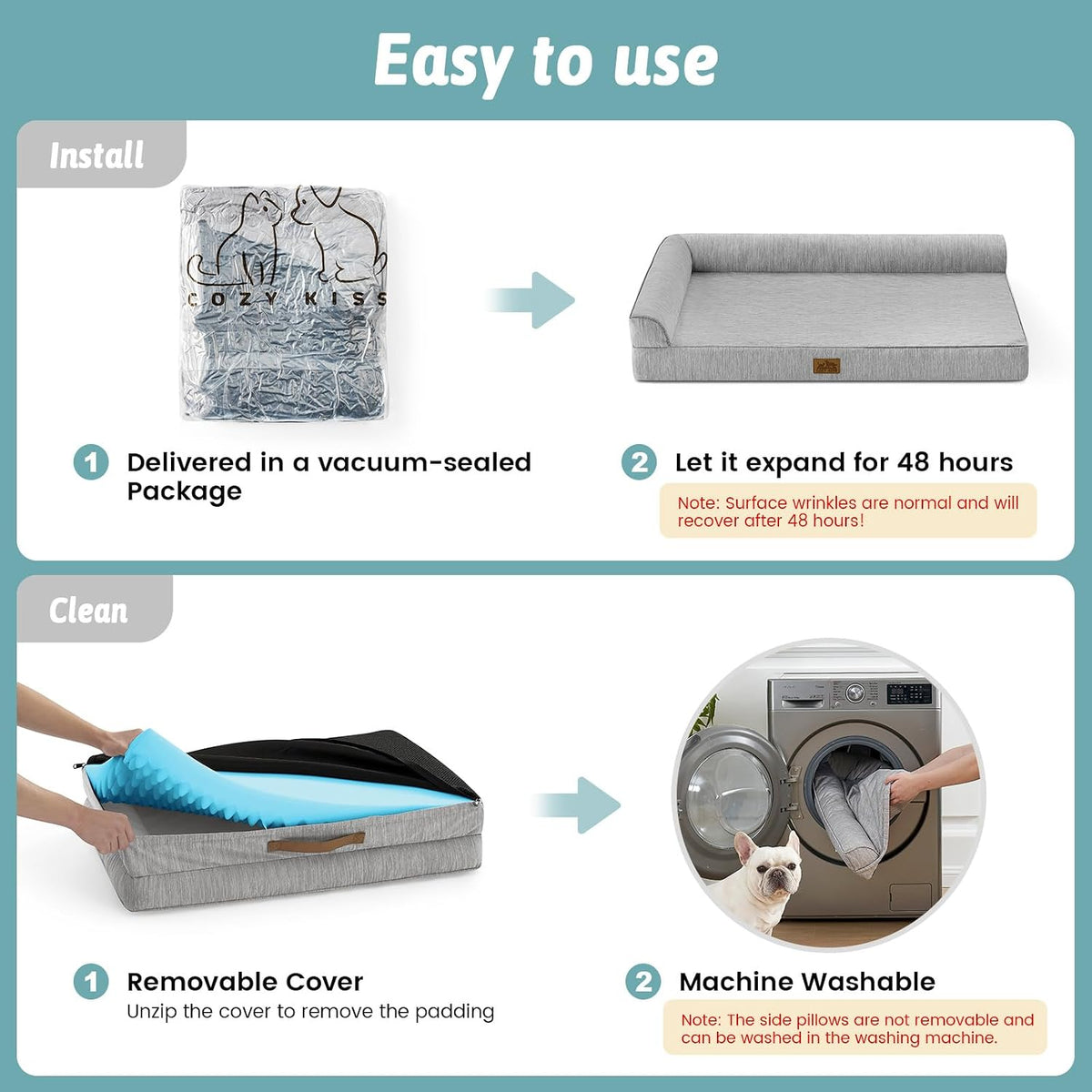 Instructions for using a pet bed with images and text on a blue background at Pet Servo