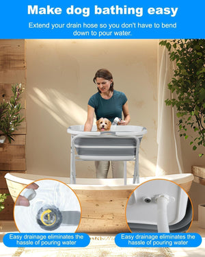 Woman using a pet bath station with a dog, demonstrating ease of use and drainage features at Pet Servo