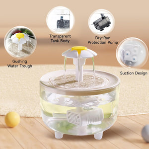 Pet water fountain with features highlighted on a beige background at Pet Servo