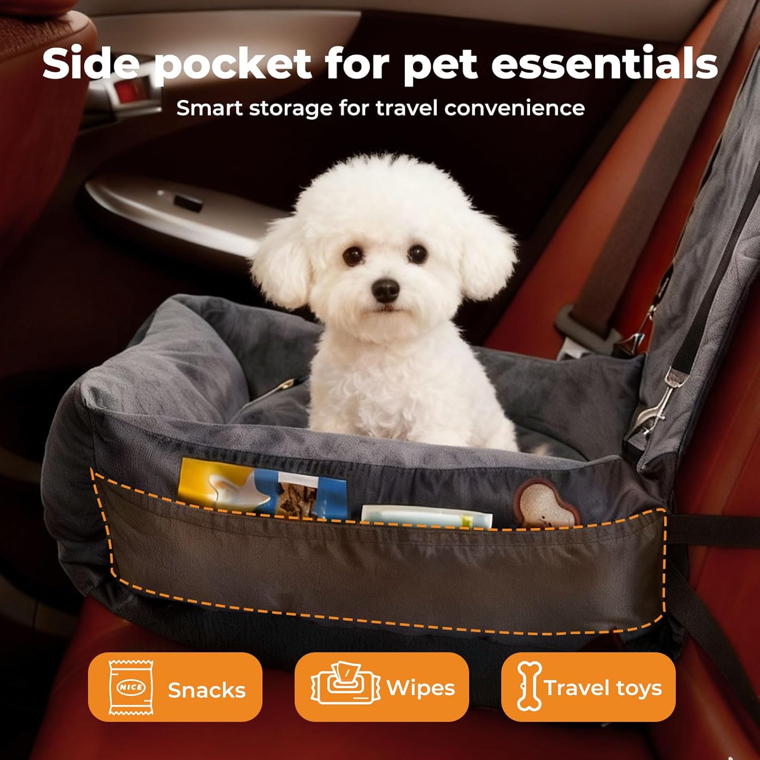 Dog in a car seat with a side pocket for pet essentials, showing snacks, wipes, and travel toys at Pet Servo