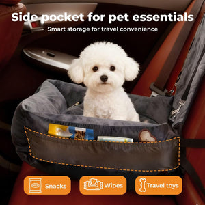 Dog in a car seat with a side pocket for pet essentials, showing snacks, wipes, and travel toys at Pet Servo