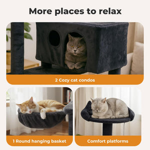 A collage showing a dark gray cat tree and hammock set in-home settings, with three panels featuring cats using the product: one sitting inside a dark cat condo, one curled up in a round hanging basket, and one resting on a comfort platform. Text at the top reads 'More places to relax' and labels the features below at Pet Servo