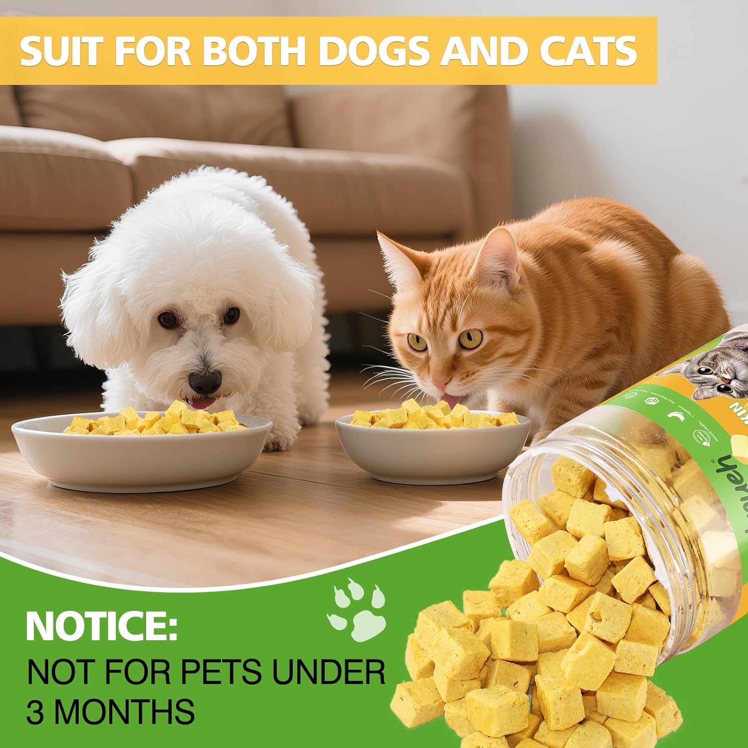 Dog and cat eating from bowls with pet food, surrounded by text indicating suitability for both pets and a warning about age restrictions at Pet Servo