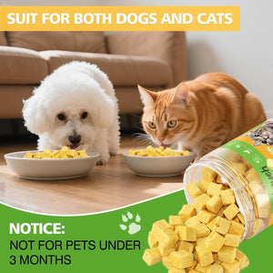 Dog and cat eating from bowls with pet food, surrounded by text indicating suitability for both pets and a warning about age restrictions at Pet Servo