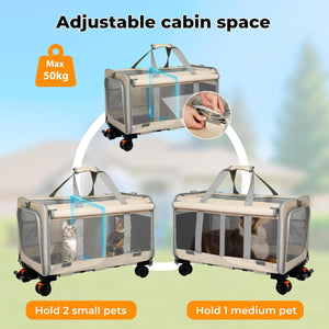 Three views of a pet carrier bag with text overlays highlighting its adjustable cabin space, max 50kg weight, and pet-holding capacity. The carrier has a beige and gray frame with clear mesh panels and black wheels, shown empty and with cats inside at Pet Servo