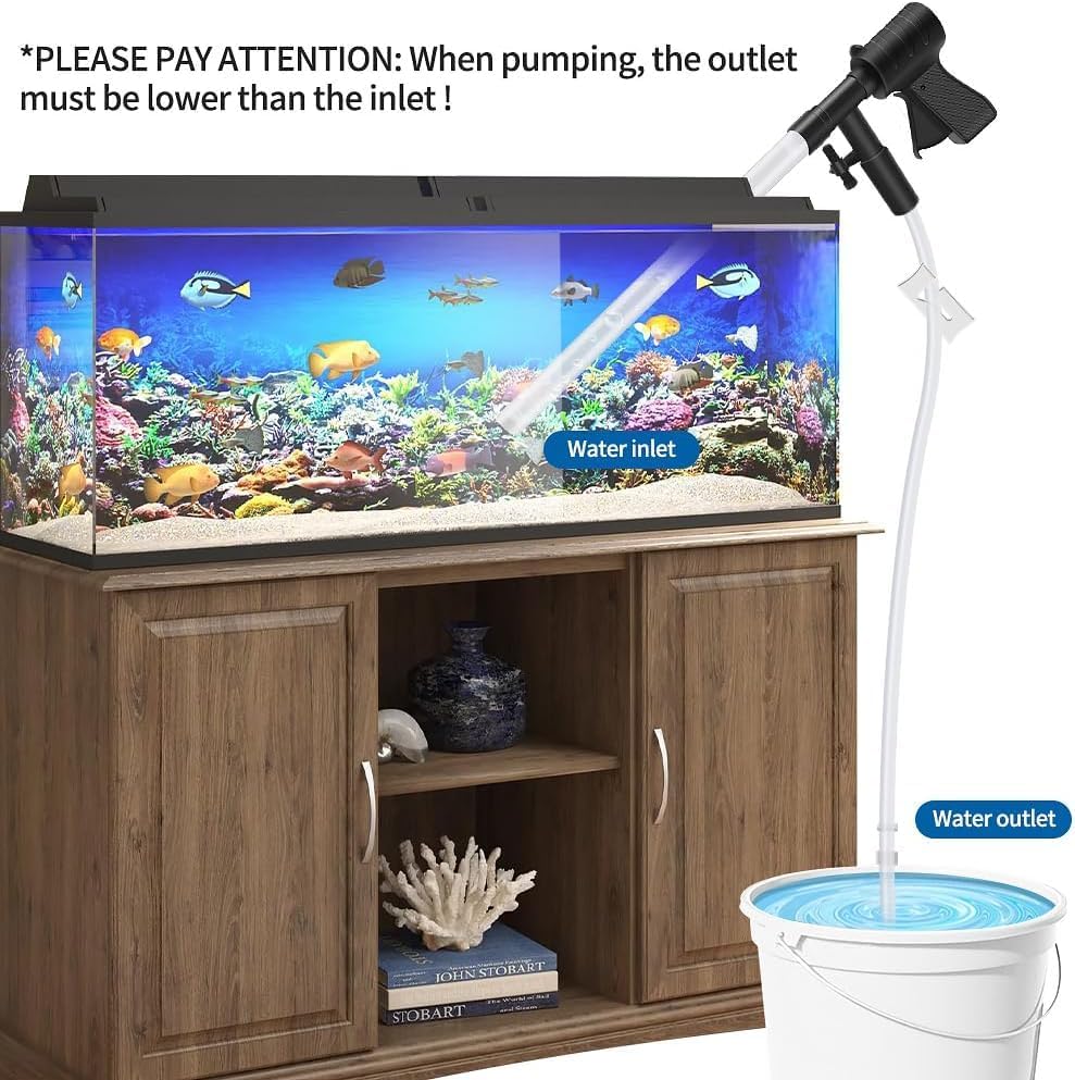 Aquarium with wooden cabinet and water pump system on a white background at Pet Servo