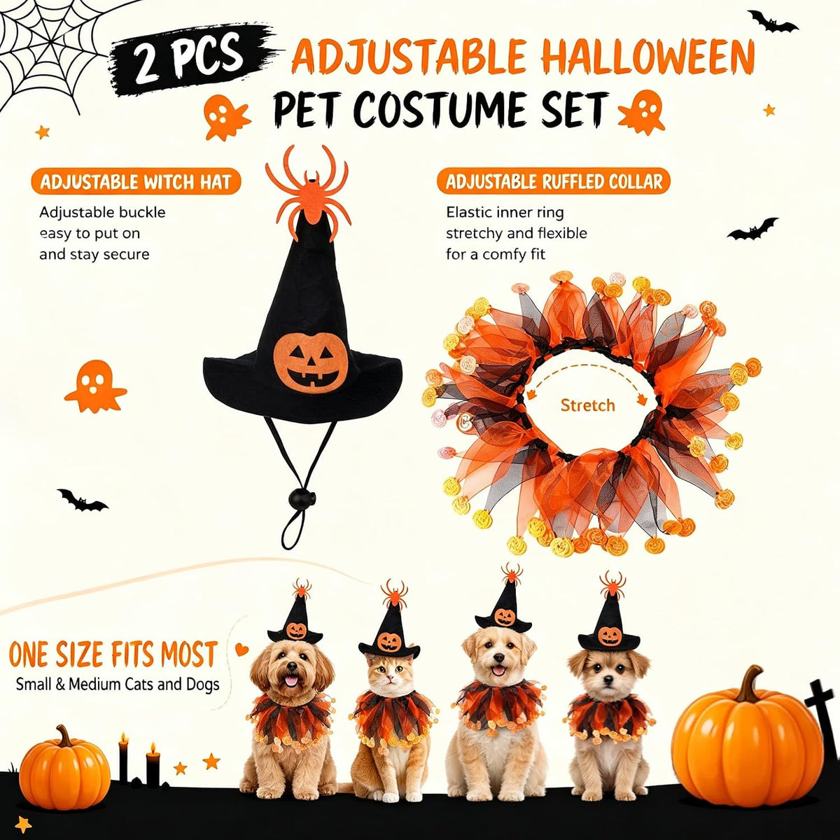 Halloween pet costume set shown on an illustrated cream background with product callouts, including an adjustable witch hat, adjustable ruffled collar, and a ruffled headband. Four small dogs are pictured wearing the costume pieces at the bottom to show scale at Pet Servo