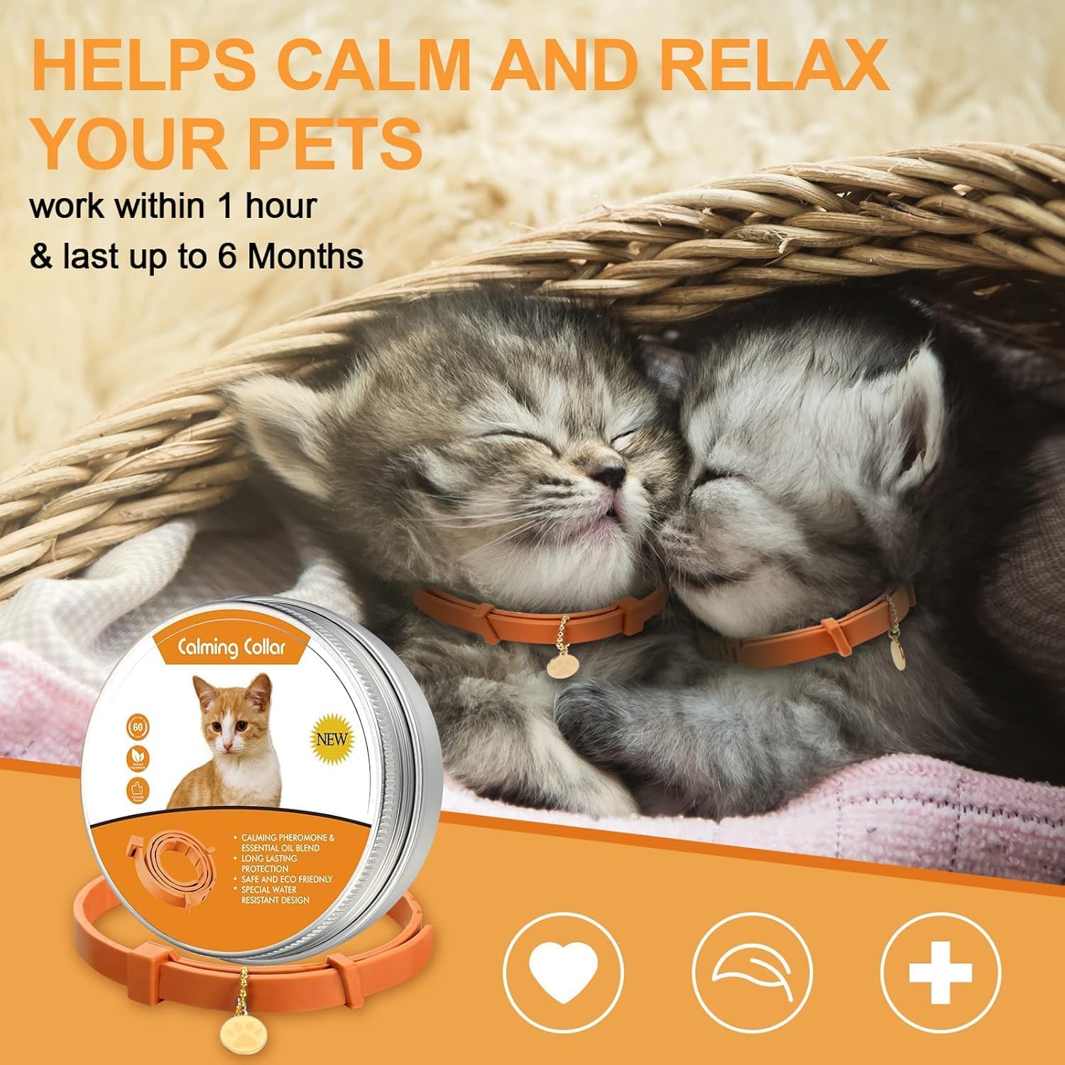 Two cats wearing orange collars with a calming collar product in front, on an orange background at Pet Servo