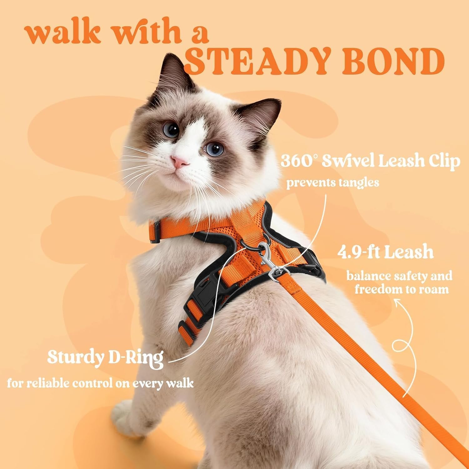 Cat wearing an orange harness and leash with text about product features on a peach background at Pet Servo