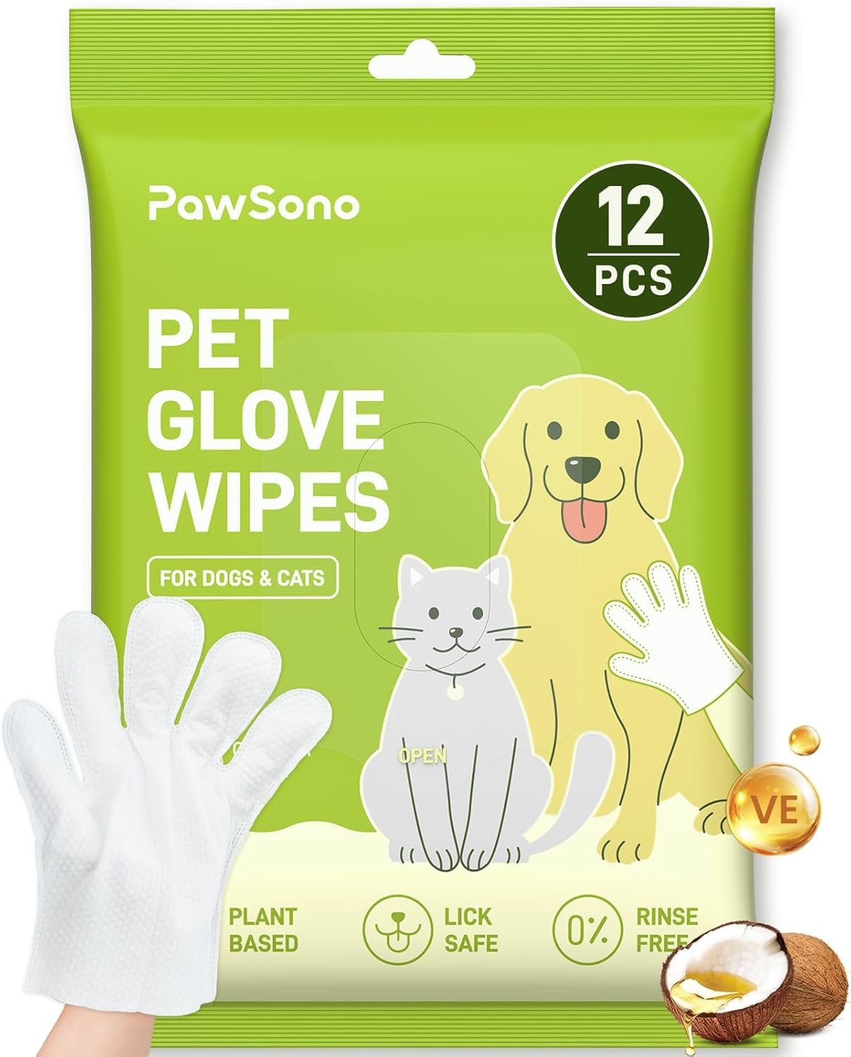 PawSono pet glove wipes packaging with a green background, featuring illustrations of a dog, cat, and gloves at Pet Servo