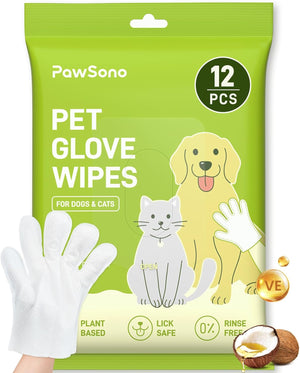 PawSono pet glove wipes packaging with a green background, featuring illustrations of a dog, cat, and gloves at Pet Servo