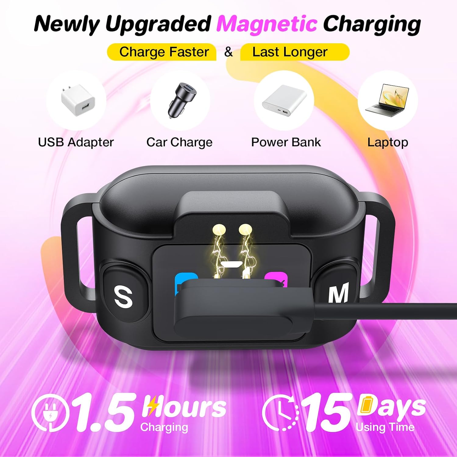 Magnetic charging device with text highlighting features on a colorful background at Pet Servo
