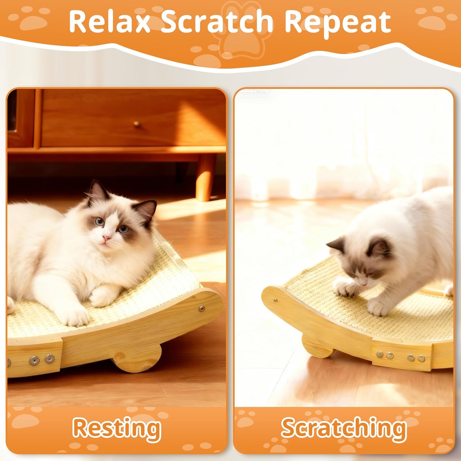 Wooden cat scratcher with a cat resting on it and another cat using it for scratching at Pet Servo