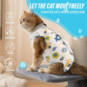 Cat wearing a patterned shirt on a cat tree with text 'Let the cat move freely' and icons indicating features at Pet Servo