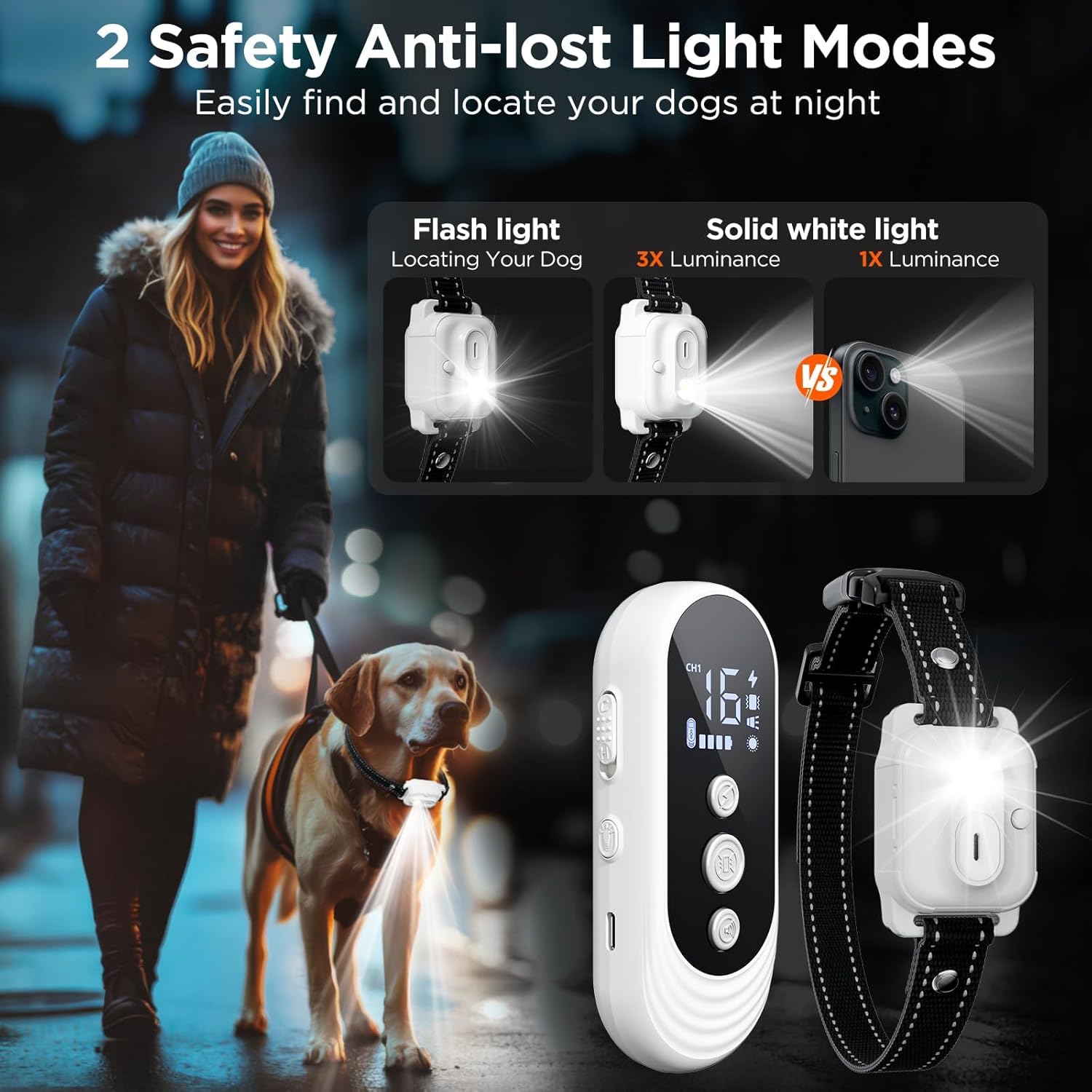 Dog collar with light feature for safety and locating at night, shown with a woman and dog walking at Pet Servo