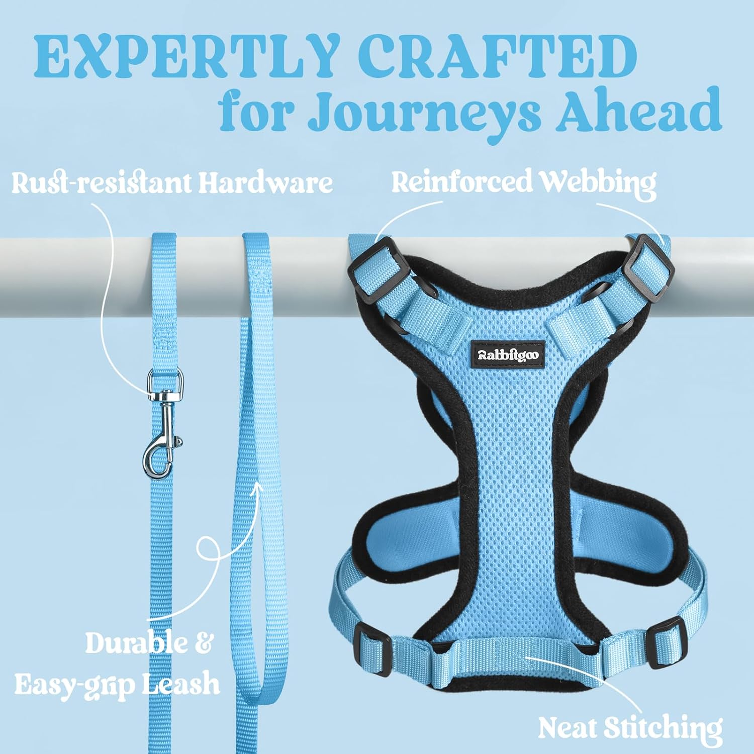 Blue dog harness and leash set with text highlighting features on a light blue background at Pet Servo