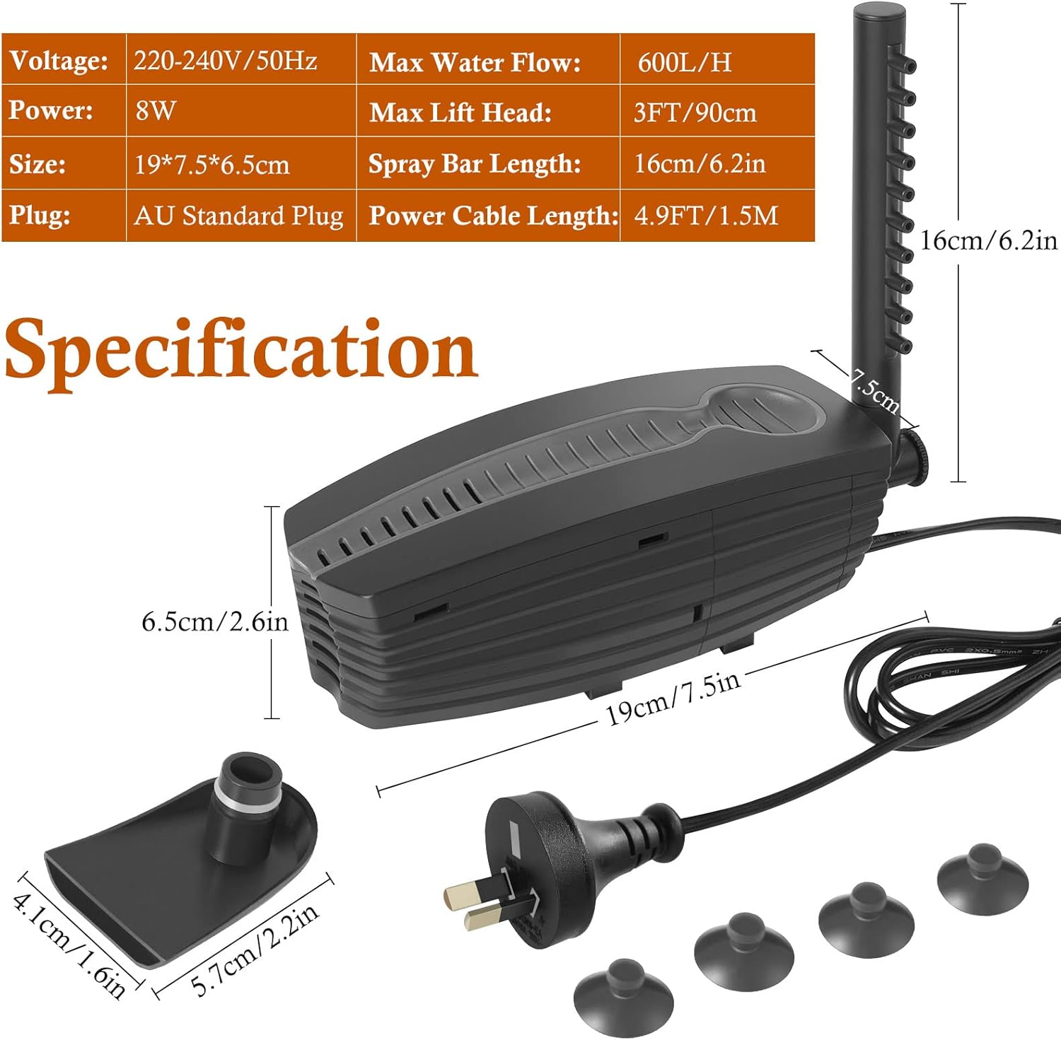 Black air pump with specifications and dimensions on a white background at Pet Servo
